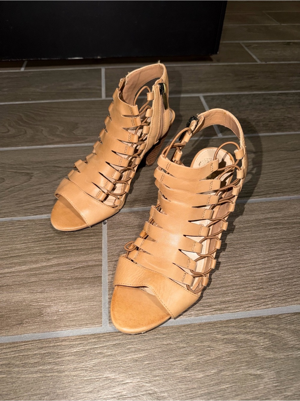 Vince Camuto Tan Leather Strappy Cage Heels with Back Zipper